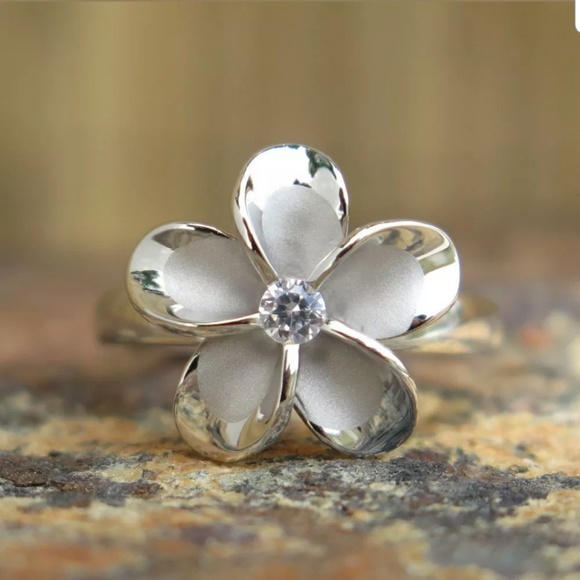 Jewelry - Genuine 925 sterling silver plumeria ring with CZ